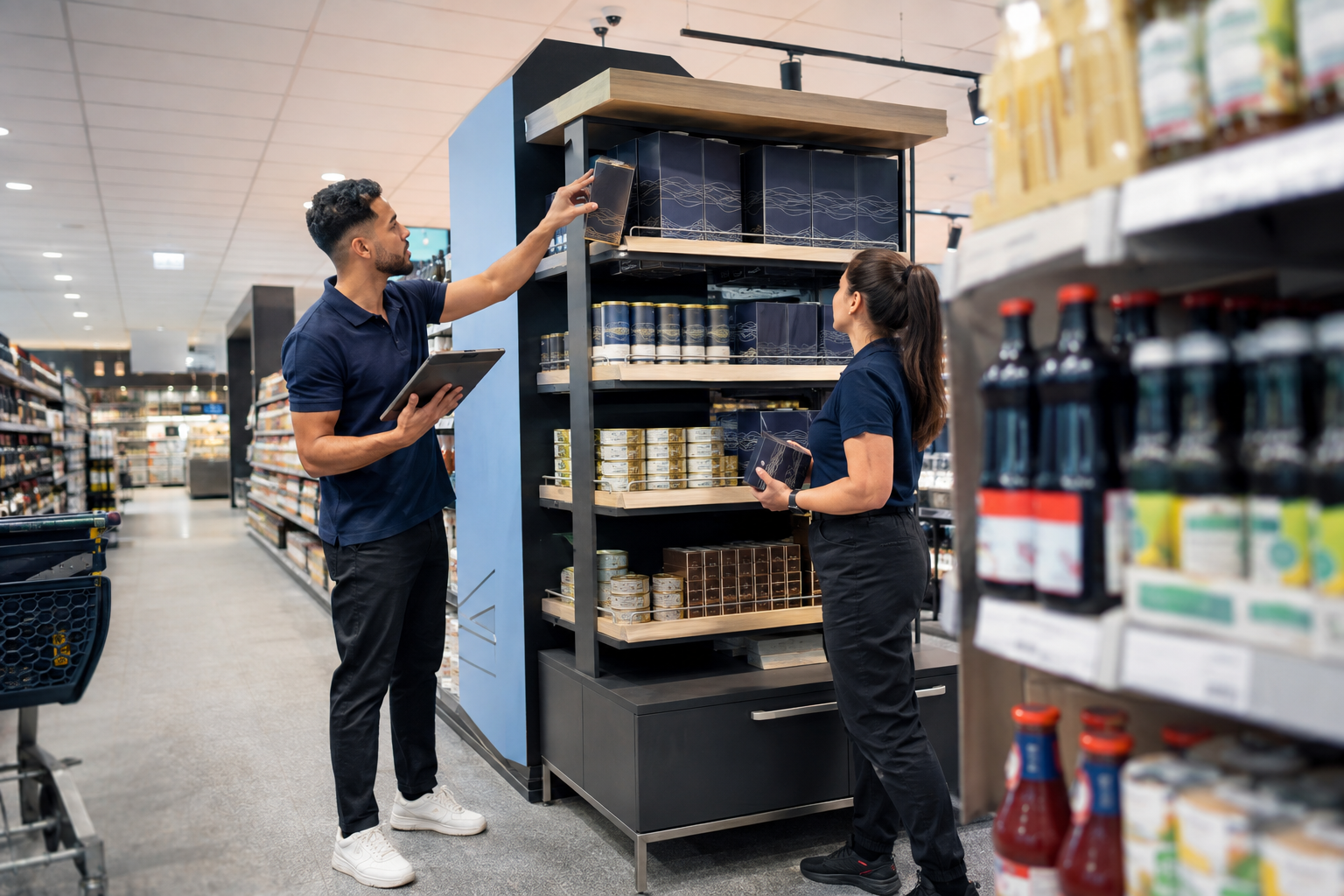 Zwei Merchandising-Fachkräfte optimieren gemeinsam eine Verkaufsfläche
